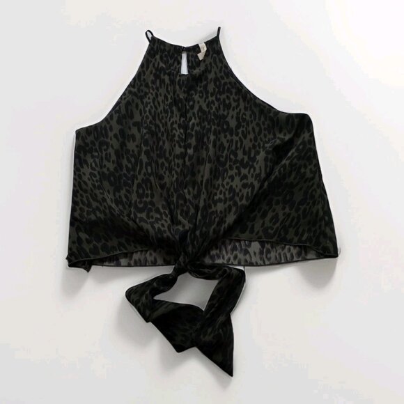 Tyche Halter Tie Front Top Womens L Green Black Leopard Print Lined Boho Preppy - Picture 8 of 13